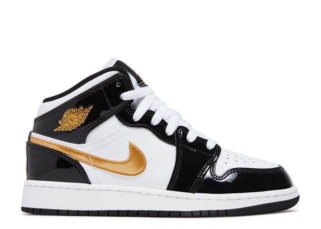 Air Jordan 1 Mid Patent Black White Gold (GS) - House-of-Sneakers