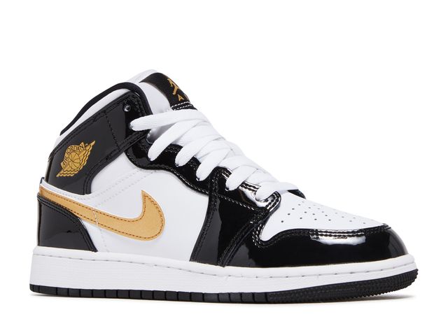 Air Jordan 1 Mid Patent Black White Gold (GS) - House-of-Sneakers