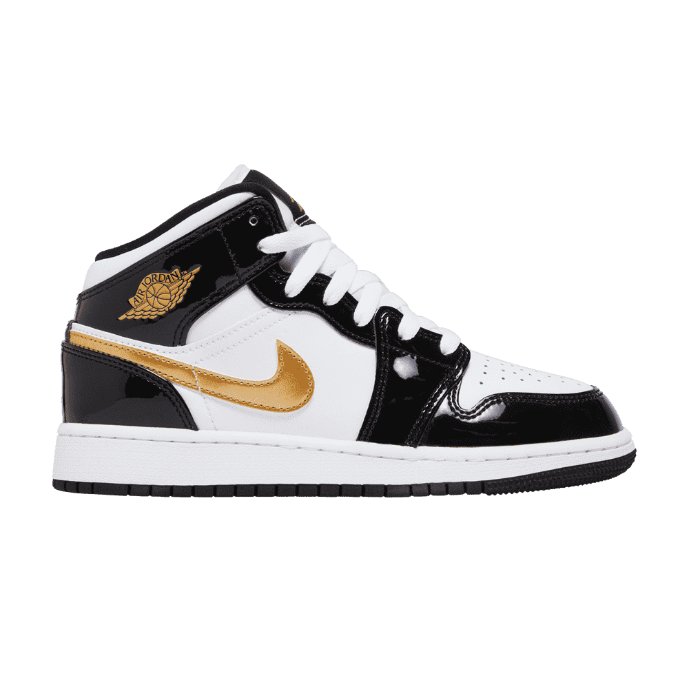 Air Jordan 1 Mid Patent Siyah Beyaz Altın (GS)
