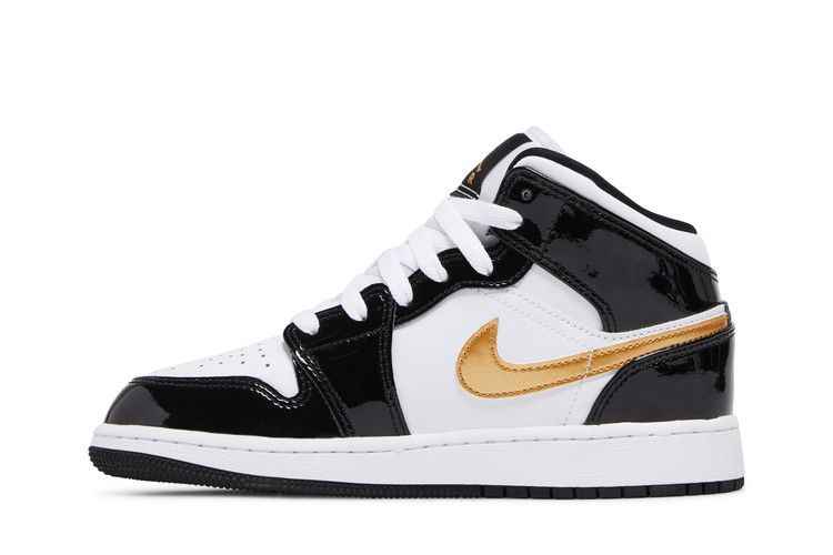 Air Jordan 1 Mid Patent Black White Gold (GS) - Air Jordan Sneaker, Detailansicht 4